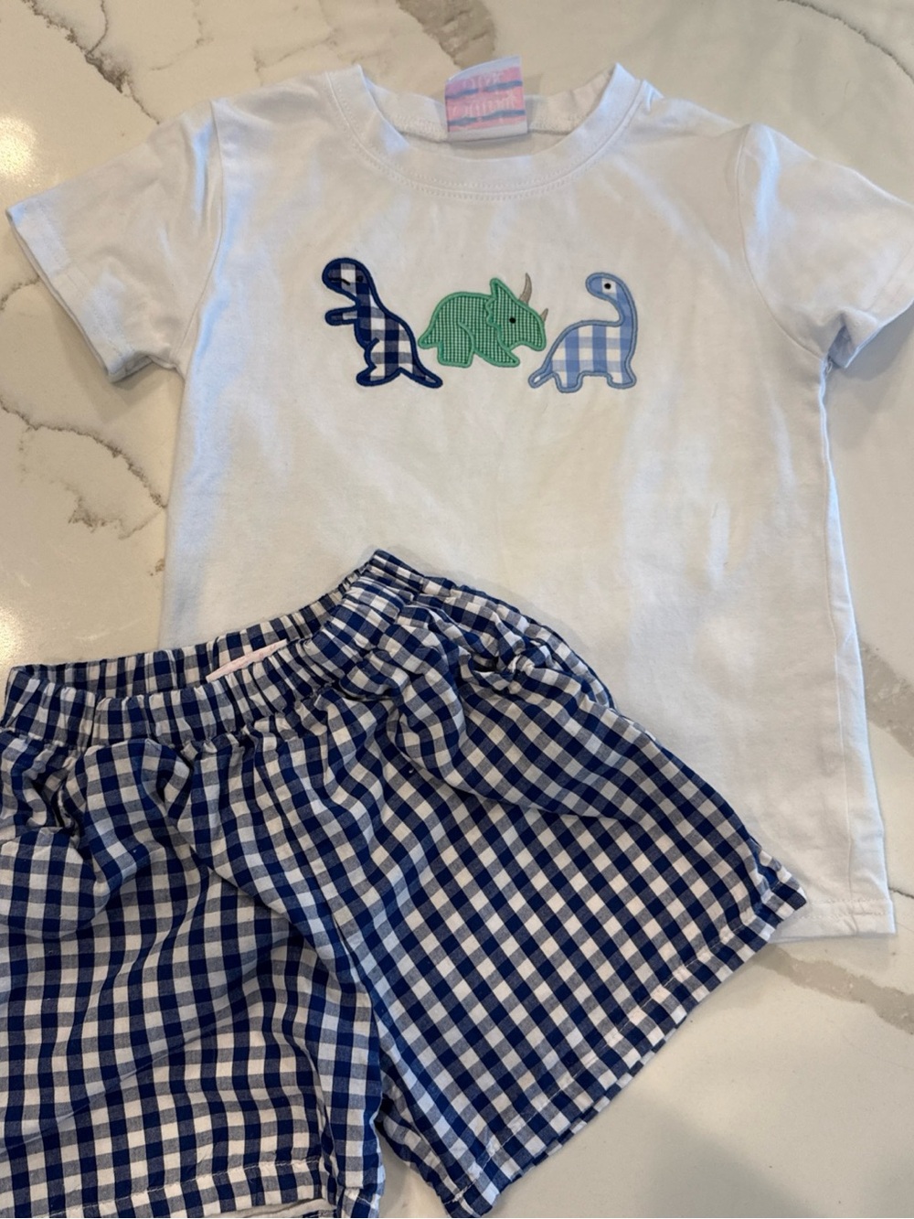 NWOT Stitchy Fish Boys Appliquéd  Dinosaurs Shorts Set In Blue Gingham 3T